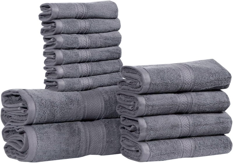 Hillfair 12 piece 600 GSM Cotton Bath Towels - Hotel Spa Quality - 2 Bath, 4 Hand, 6 Washcloths - Absorbent Super Soft Grey Cotton Set - Image 1